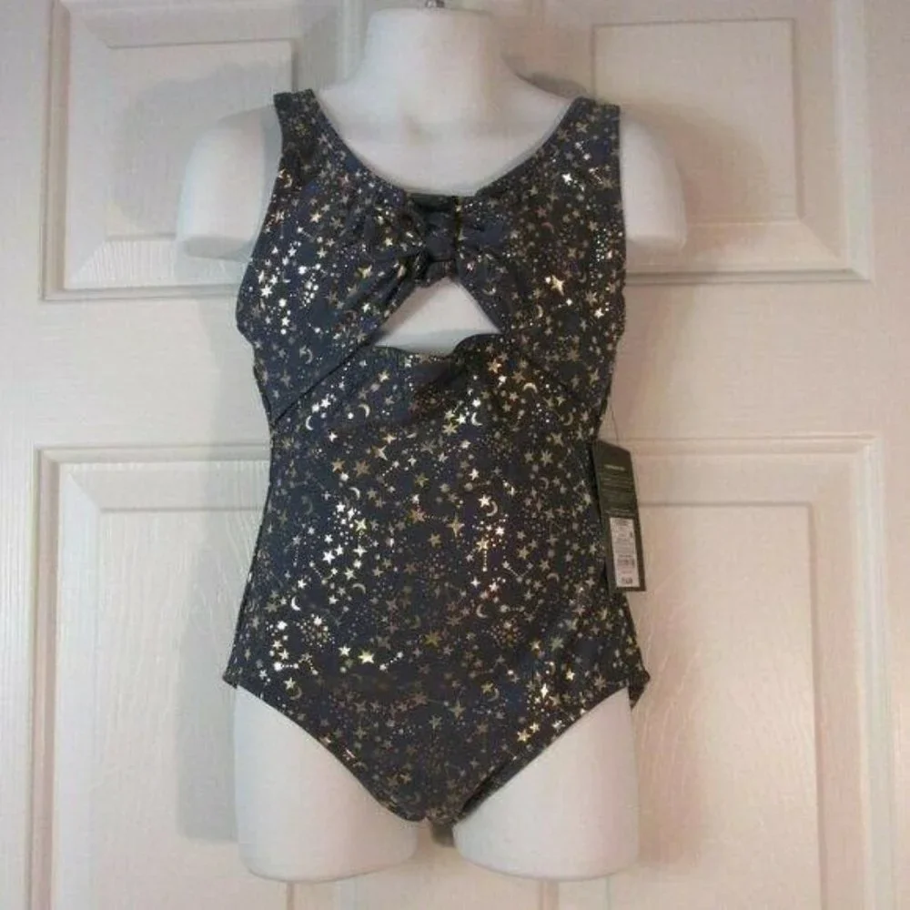 Art Class Girls swim suit Zephyr Blue with gold metallic Moon Stars Bathing